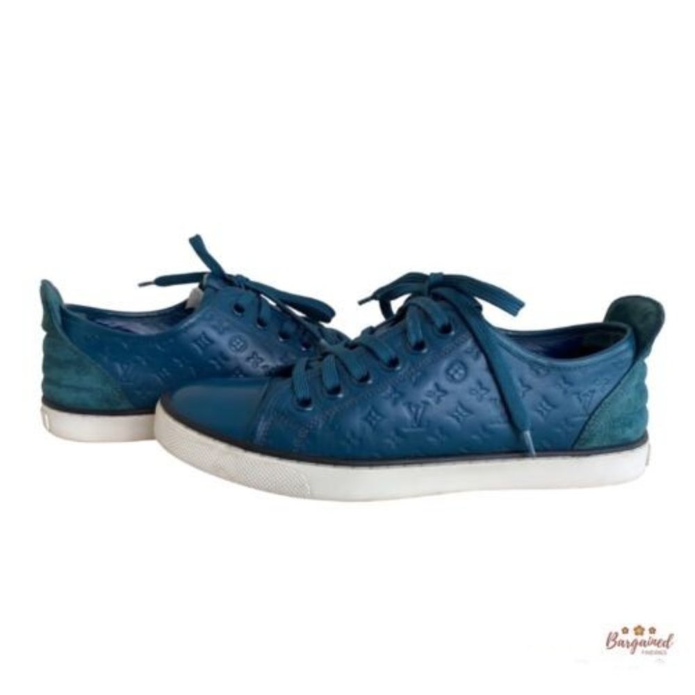 Auth Louis Vuitton Green Monogram Embossed Leather Nubuck Low Top Sneakers 36/6